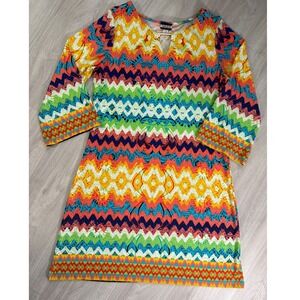 Haani Boho Zig Zag Print Keyhole Neck 3/4 Sleeve Dress Size L